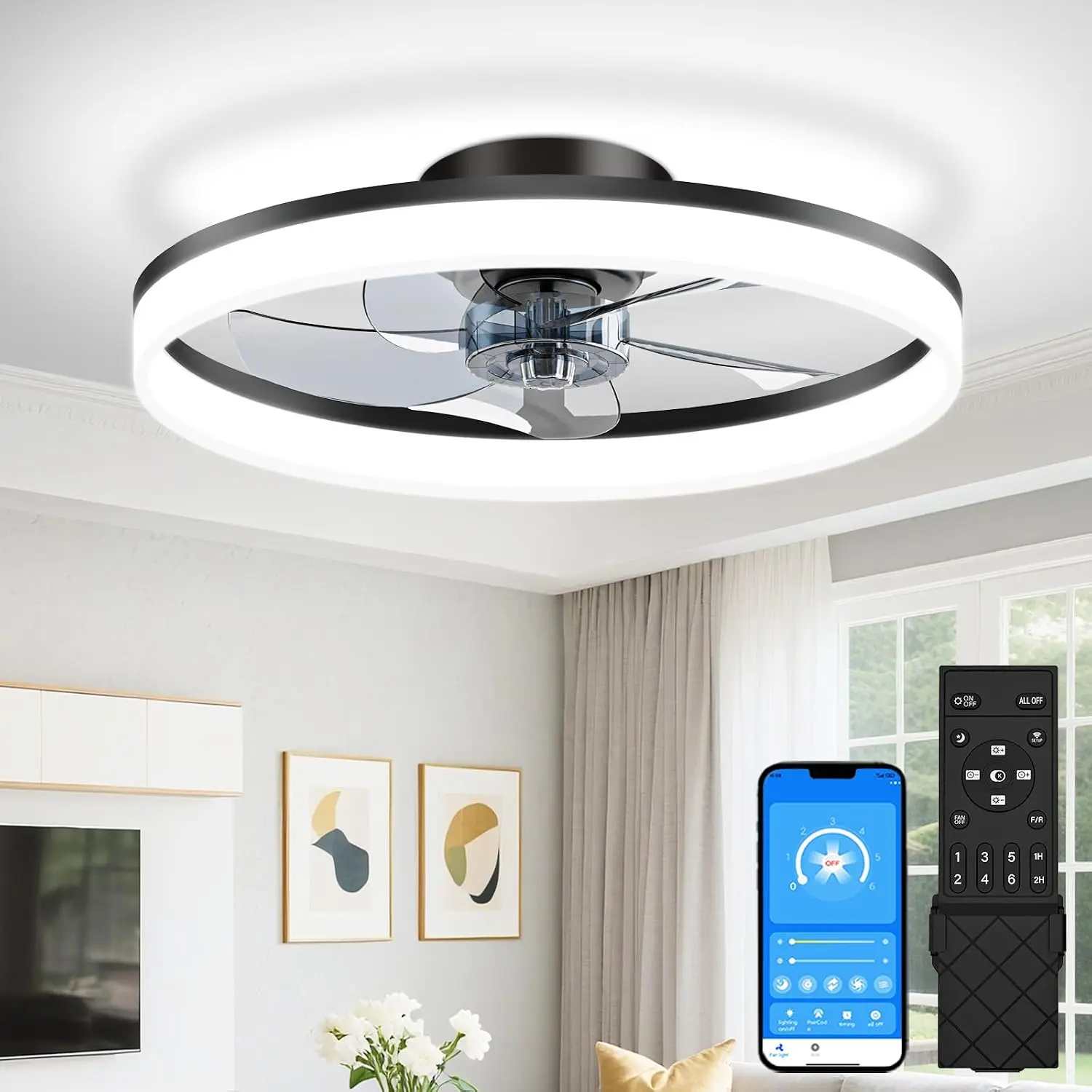 Ceiling Fan Mount - พัดลมเพดานแบบบางพร้อมไฟและรีโมท, พัดลมเพดานแบบฝังขนาด 20 นิ้ว, พัดลม LED
