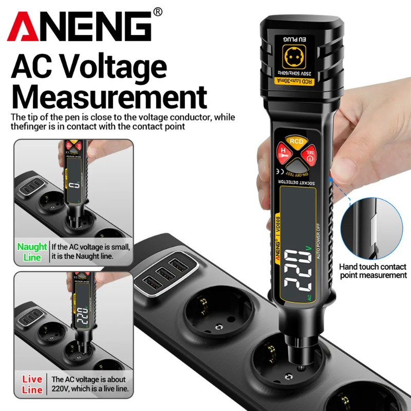 Circuit Breaker Finder - เครื่องวัดเฟสซ็อกเก็ต ANENG VD808 ทดสอบการรั่วไหลของกระแสไฟฟ้า ปลั๊ก US/EU